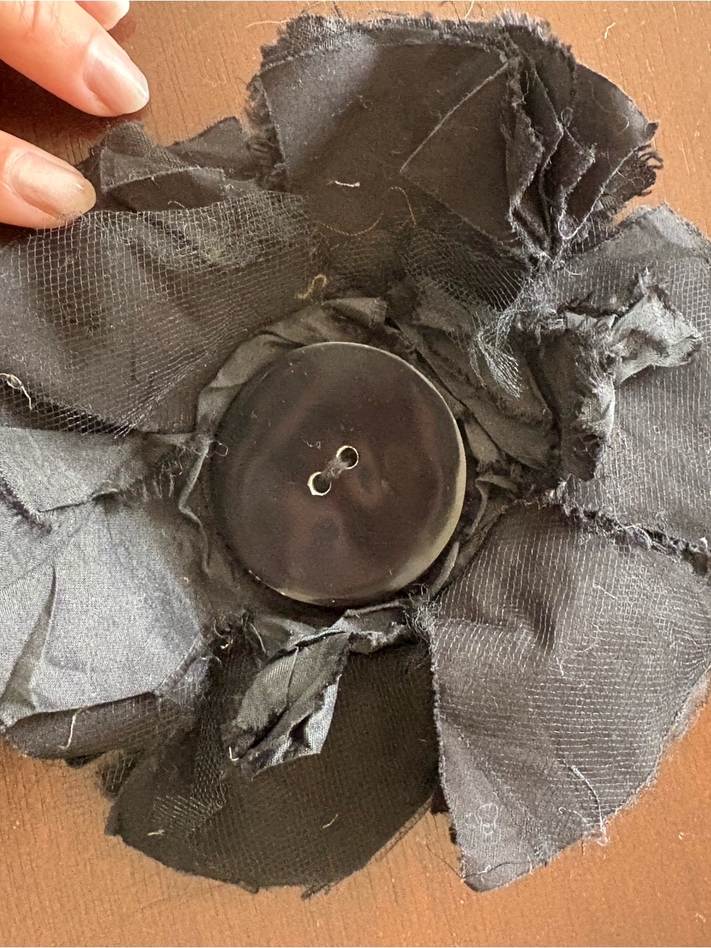 Black Fabric Flower Brooch with Central Button Accent